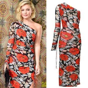 DIANE VON FURSTENBERG DVF Ruched One Shoulder Mesh Dress Boswell Floral 2 XS